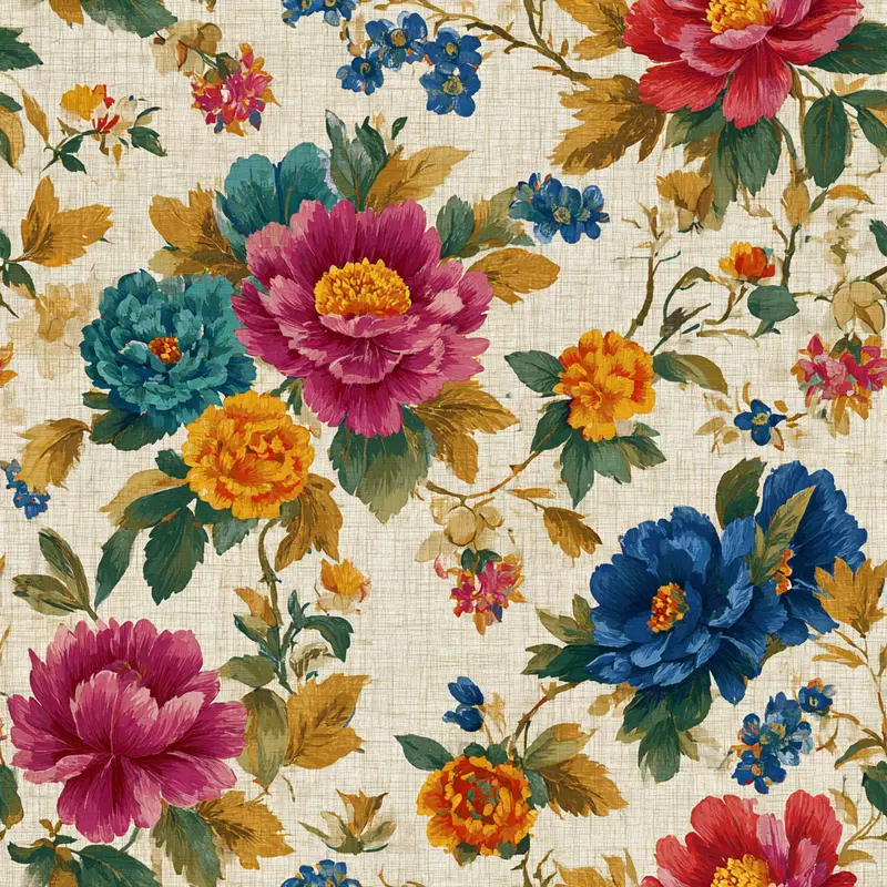 Vibrant hand-painted floral pattern with large colorful flowers and leaves
