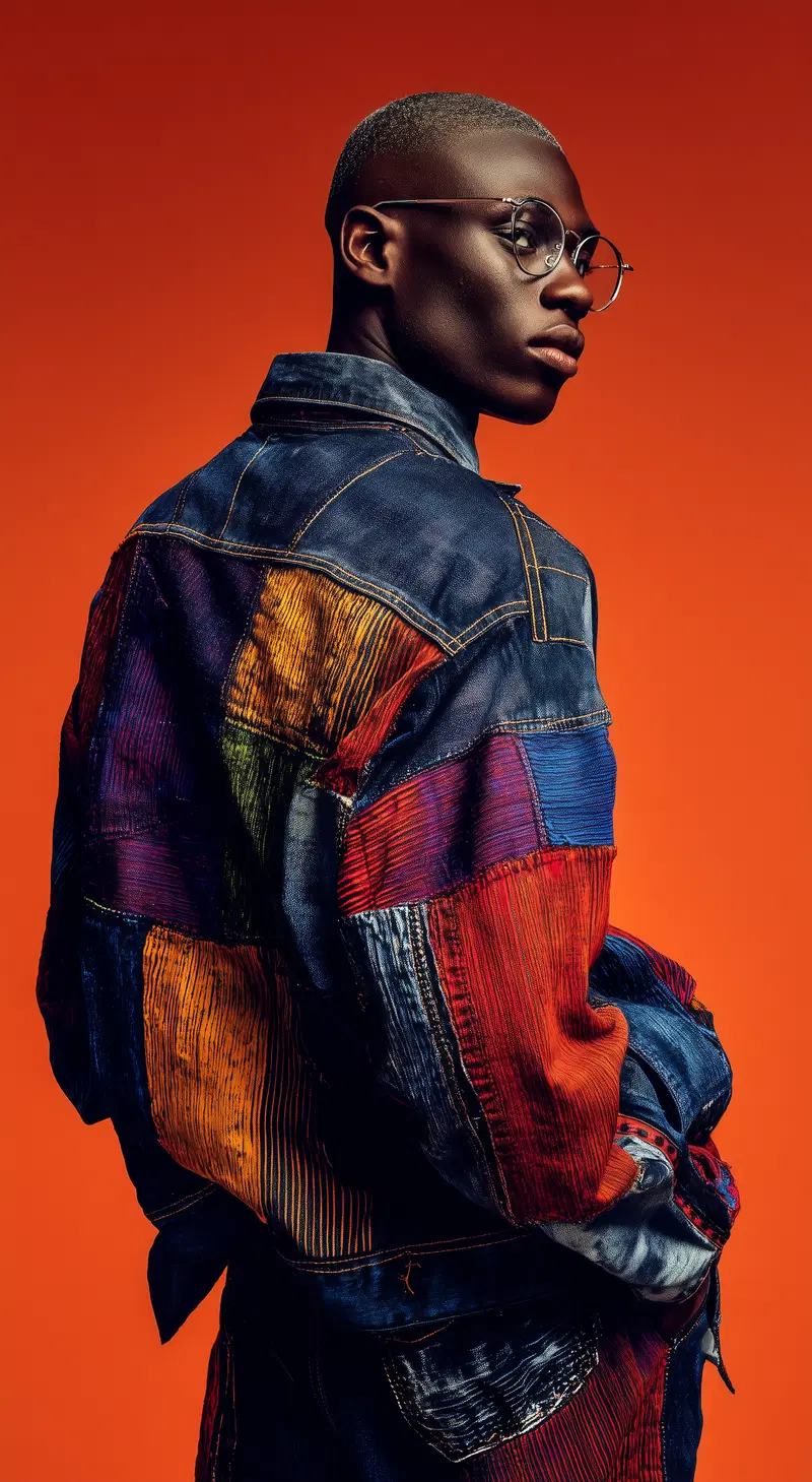 Side profile portrait of a man wearing glasses with colorful denim jacket on orange background