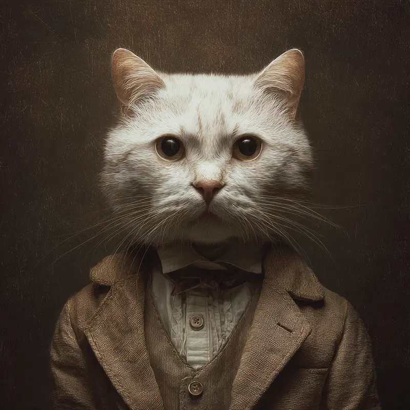Detailed portrait of a white cat dressed in vintage formal attire with bow tie