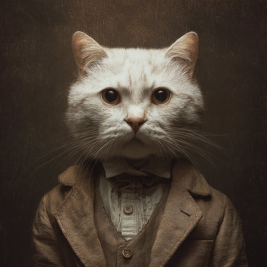 A white cat with large eyes wearing a brown vintage suit, a buttoned vest, a white shirt, and a bow tie, against a dark textured background