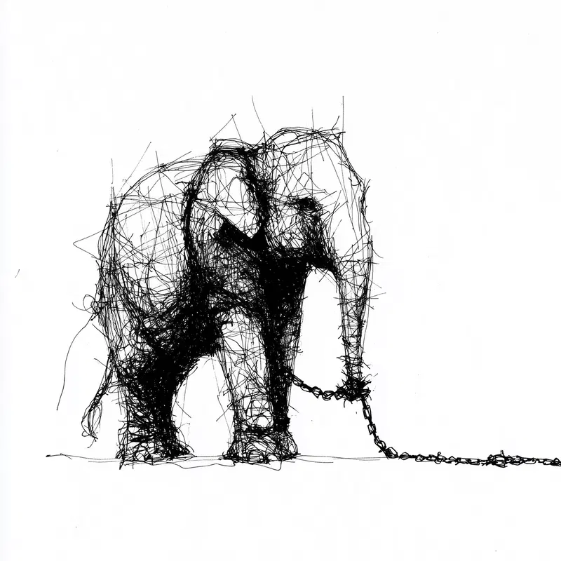 Abstract black ink sketch of an elephant chained on a white background