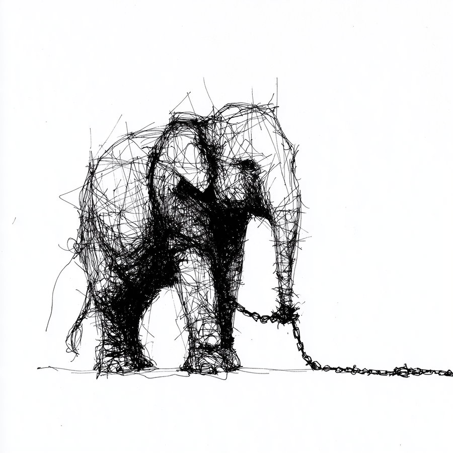 An abstract and expressive ink drawing of an elephant depicted with chaotic black lines, standing with a chain attached to its front leg, on a plain white background.