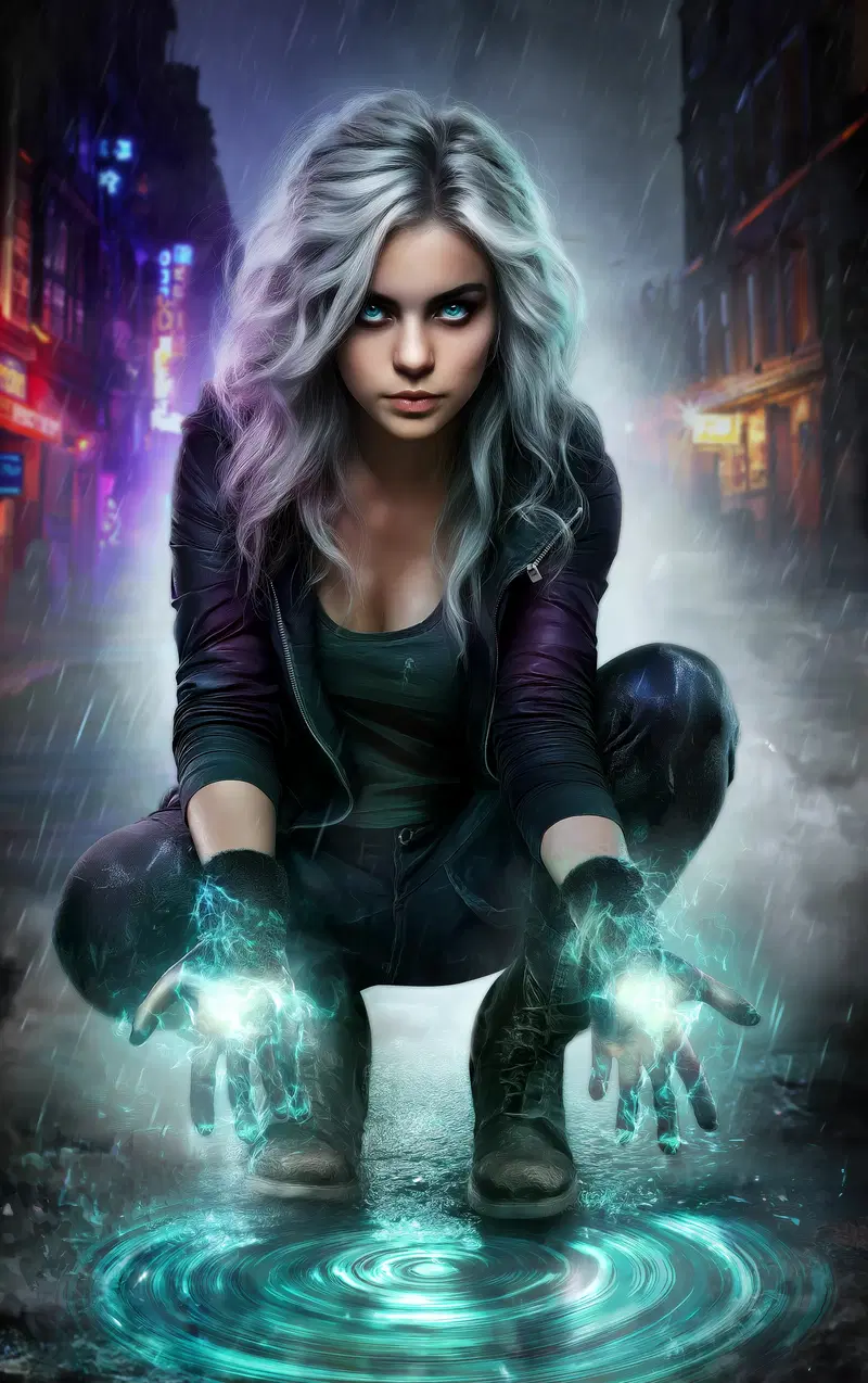 Powerful fantasy woman with glowing hands in a rainy urban setting