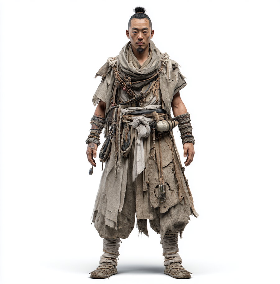 A full-length image of a man standing facing forward, dressed in tattered and layered rugged clothing with various ropes and fabric pieces wrapped around his arms and waist, against a white background.