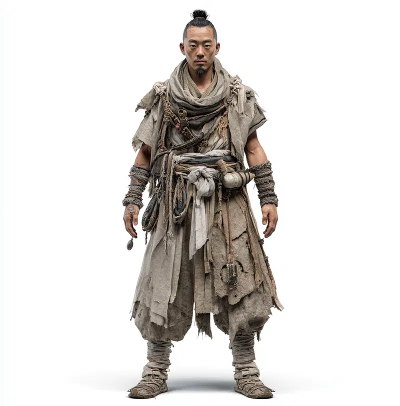 Full body detailed character art of a man in tattered post-apocalyptic attire