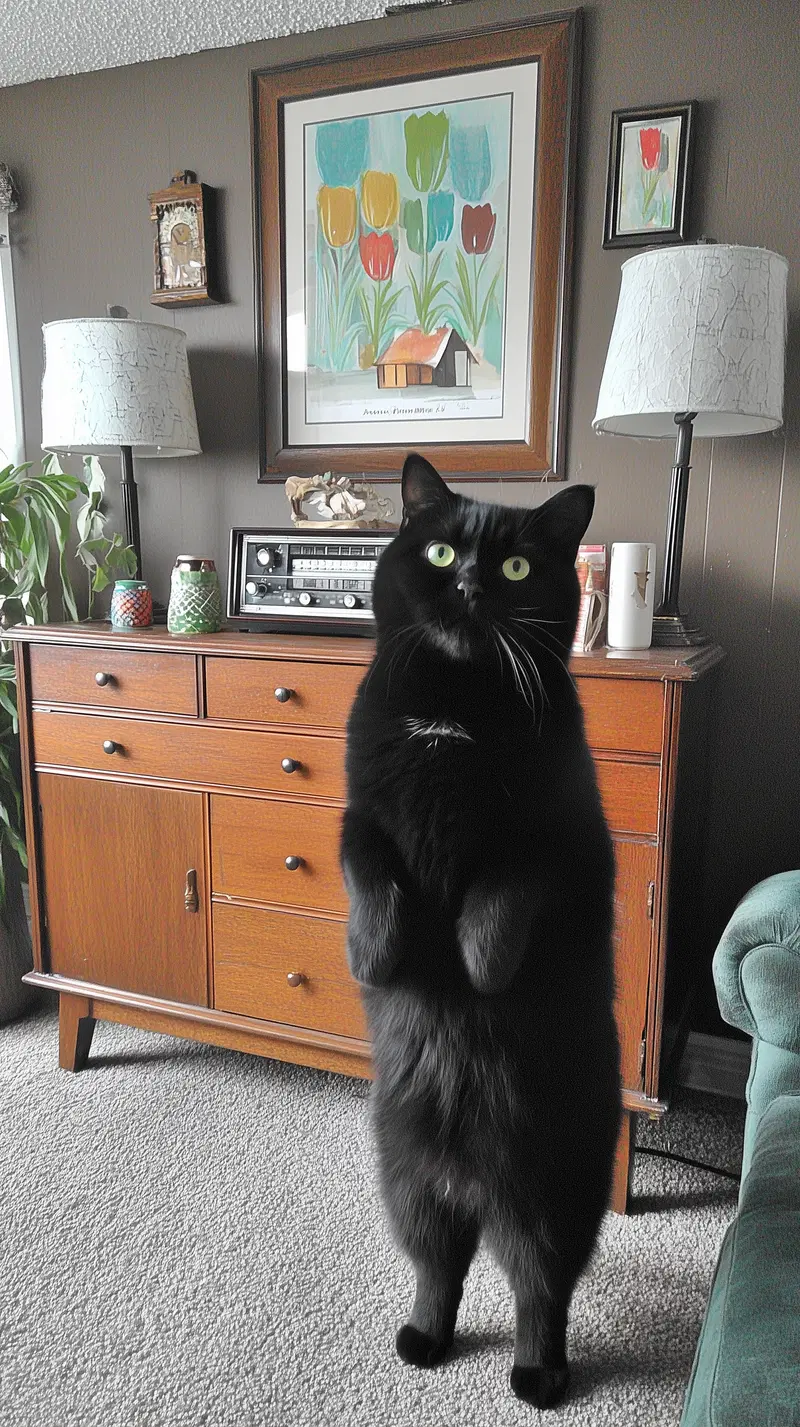 Black cat standing on hind legs inside a cozy living room with vintage decor