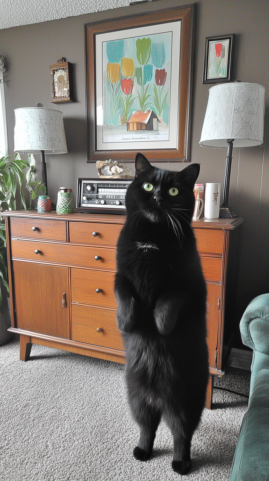 A black cat with bright green eyes standing on its hind legs on a carpeted floor in front of a wooden cabinet with a vintage radio and lamps on it. The background includes a framed colorful painting of tulips and a house, plants, and two lamps with white cracks on the shades.
