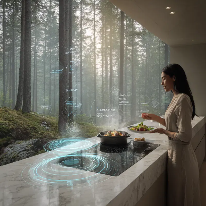 Futuristic kitchen scene with woman cooking and transparent HUD interface