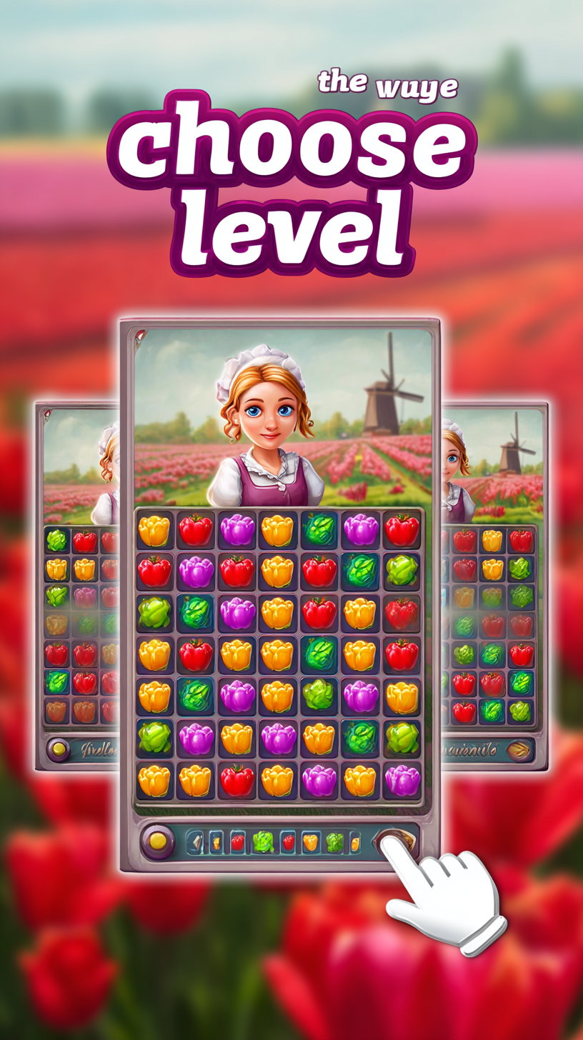 A digital game interface showing a level selection screen with a female character in front of a tulip field and windmills, featuring a grid of colorful vegetables and flowers to match and a hand icon pointing to the screen.