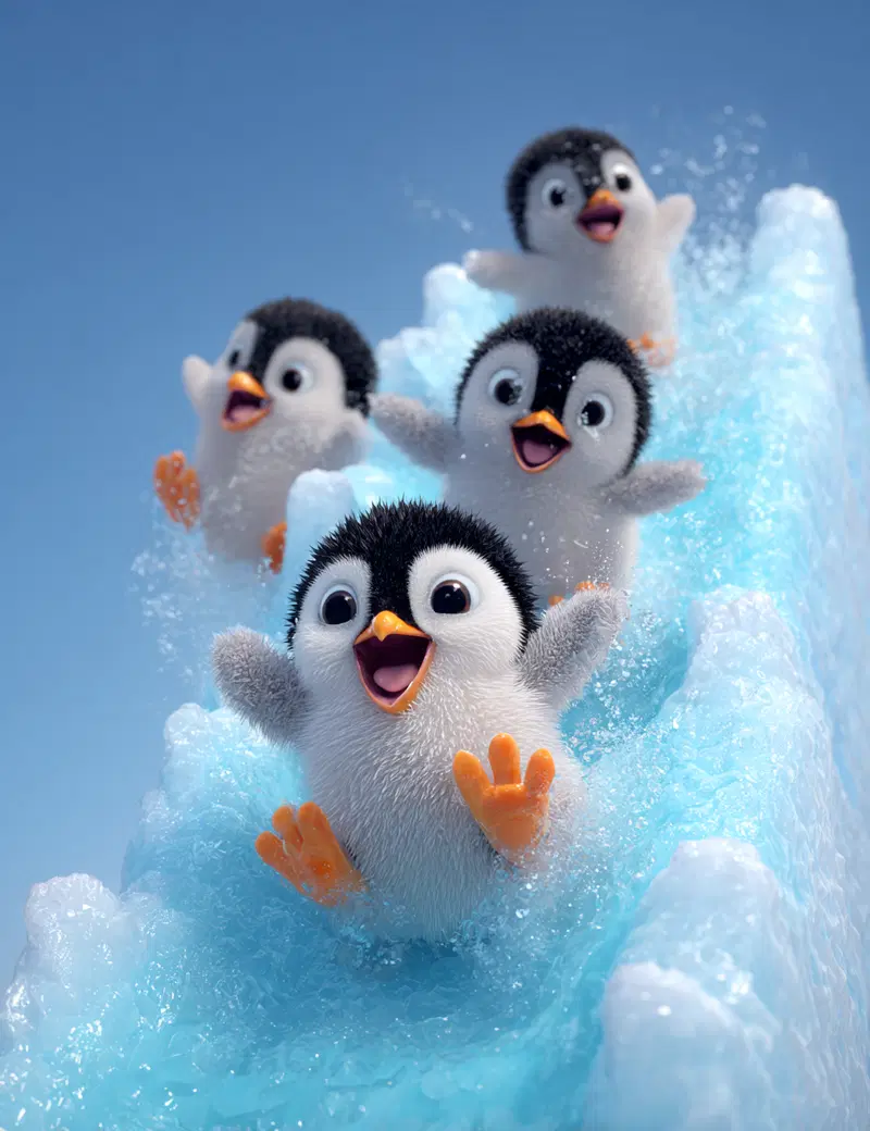 Adorable baby penguins joyfully sliding down icy water slide in blue sky