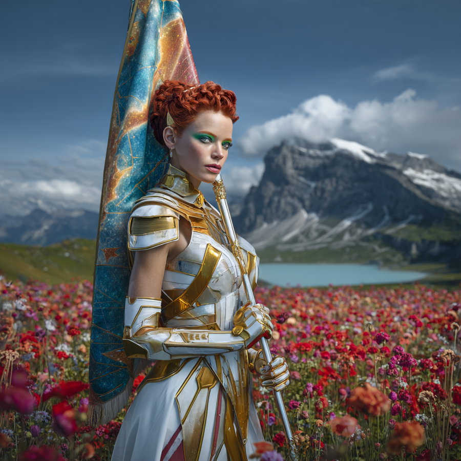 A red-haired woman wearing ornate golden and white armor holding a decorated flagpole, standing in a colorful field of flowers with mountains and a lake in the background under a blue sky with clouds.
