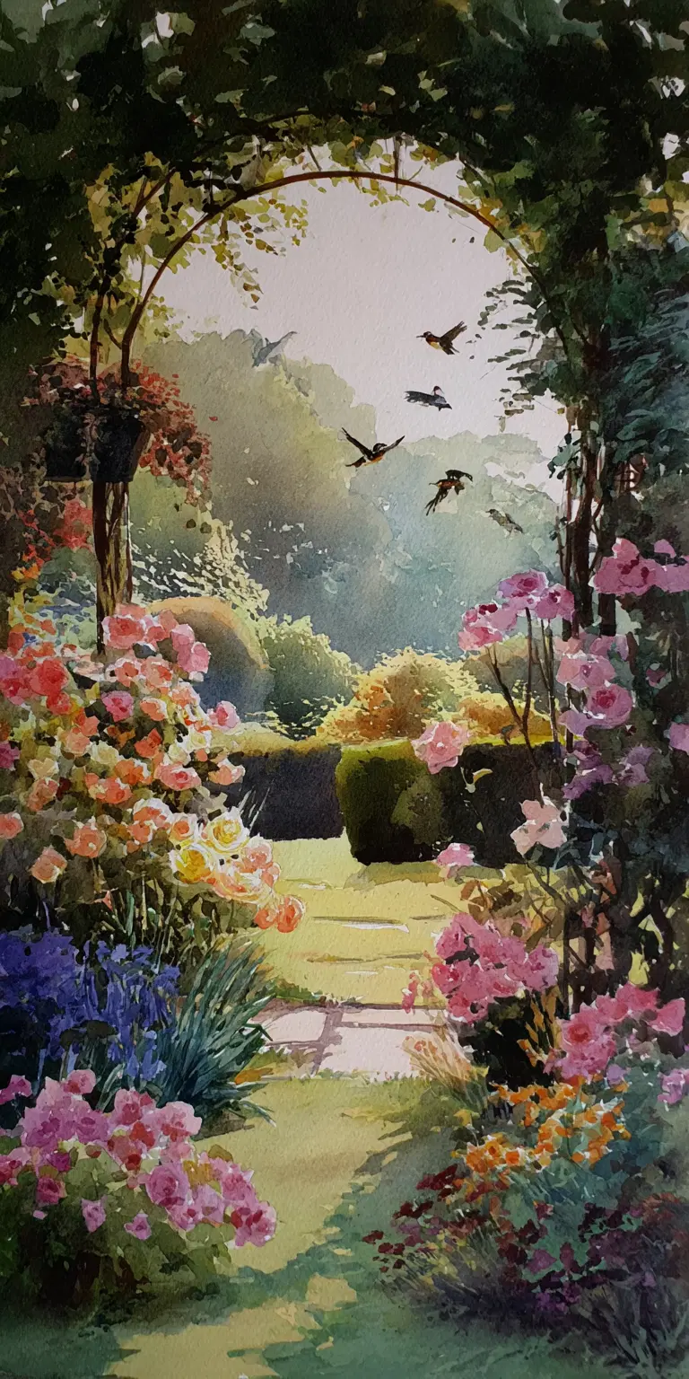 Sunlit garden pathway framed by an arch with blooming flowers and birds