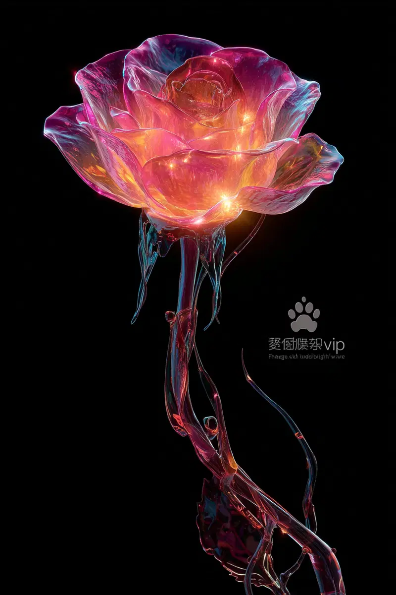 A glowing glass-like rose with radiant warm colors on black background