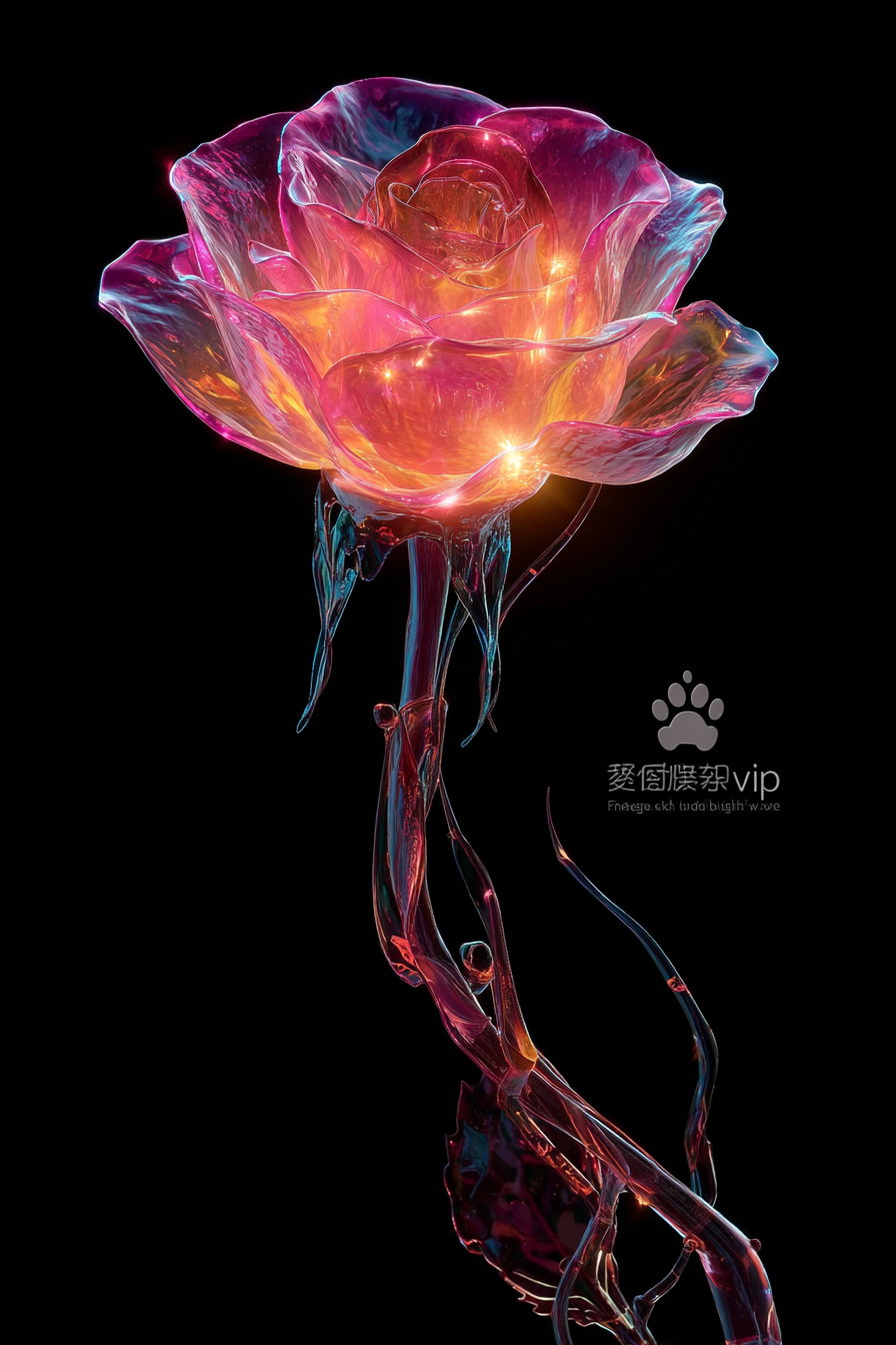 A glowing rose resembling glass with bright pink, orange, and yellow hues on a black background