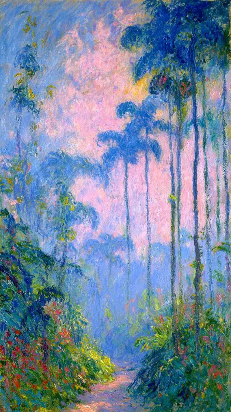 Impressionist painting of a lush tropical forest path with tall palm trees at twilight