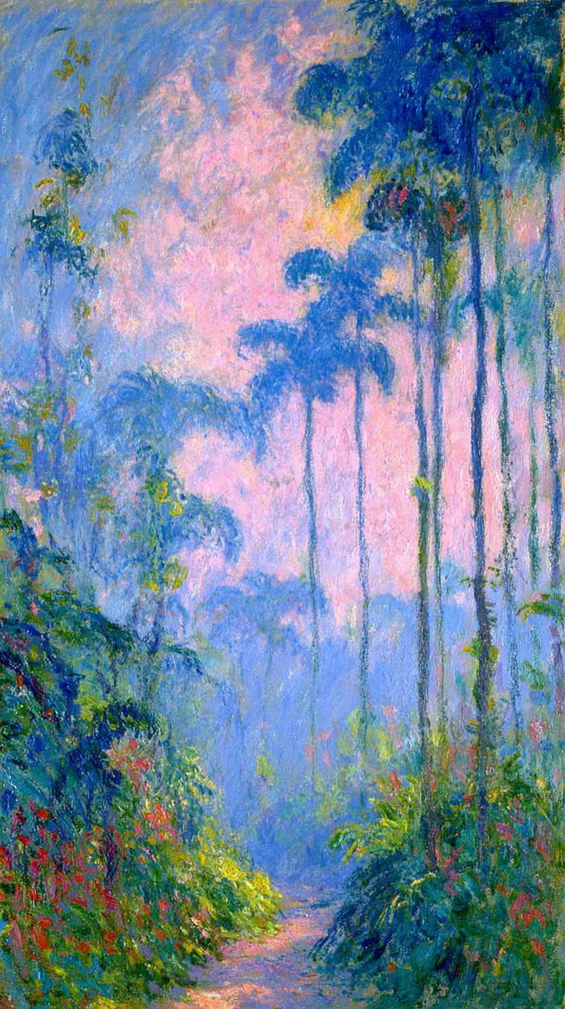 A colorful impressionist painting featuring a forest path surrounded by lush greenery, flowers, and tall palm trees against a pink and blue twilight sky