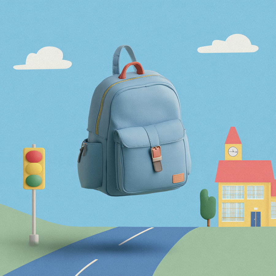 A light blue backpack with red and brown accents appears to float above a blue road. The background includes a yellow school building with a clock tower, a traffic light, green hills, bushes, and a blue sky with clouds in a simplified and pastel art style.