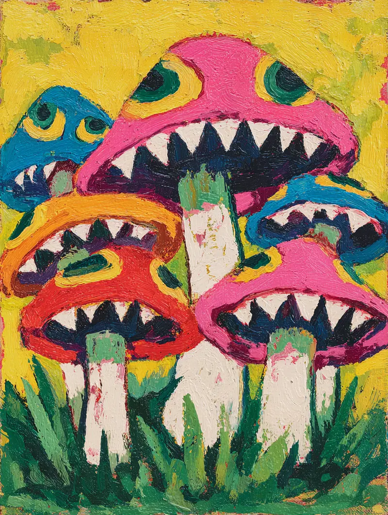 Colorful fantasy mushrooms with eyes and sharp teeth in a whimsical landscape