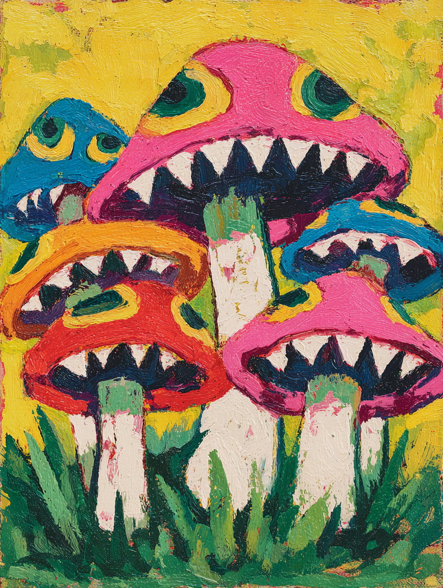 An oil painting of vibrant mushrooms in pink, red, orange, and blue with eyes and sharp teeth, surrounded by green grass and yellow background.