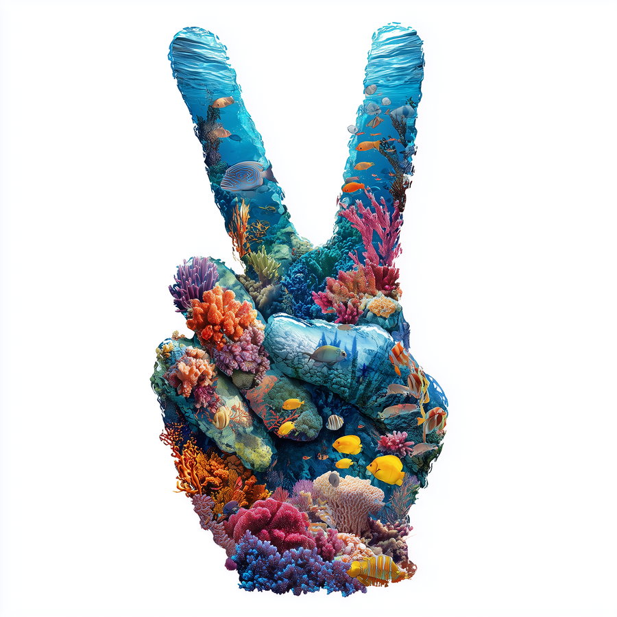 A digital illustration of an underwater coral reef shaped like a hand making a peace sign with colorful fish swimming around the corals and water surface visible at the top