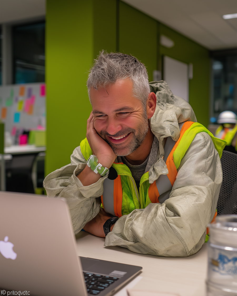 A middle-aged man with gray hair and beard wearing a worn beige jacket with neon yellow and orange safety vest, smiling while looking at a laptop on a desk in a green-walled office with sticky notes on a board in the background.