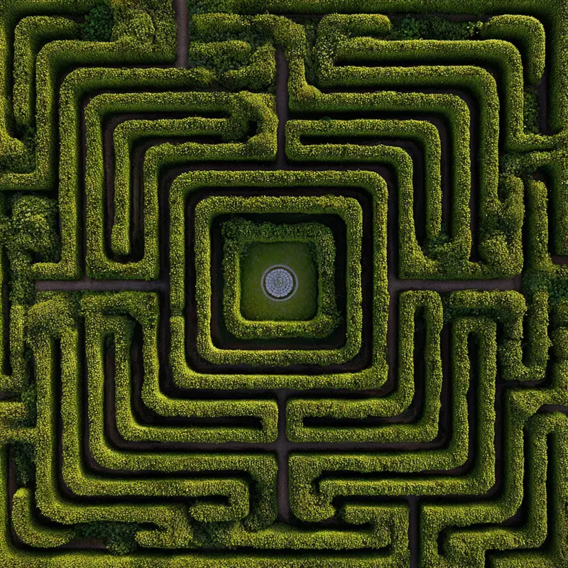 Aerial view of a green hedge maze with a fountain at the center