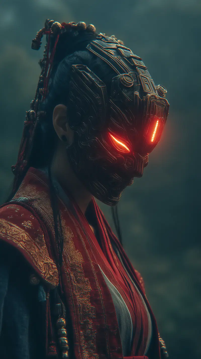 Detailed fantasy character portrait with glowing mask and traditional attire