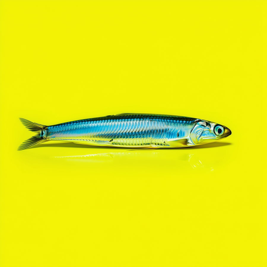 A shiny blue fish lying horizontally on a smooth bright yellow surface with a slight reflection