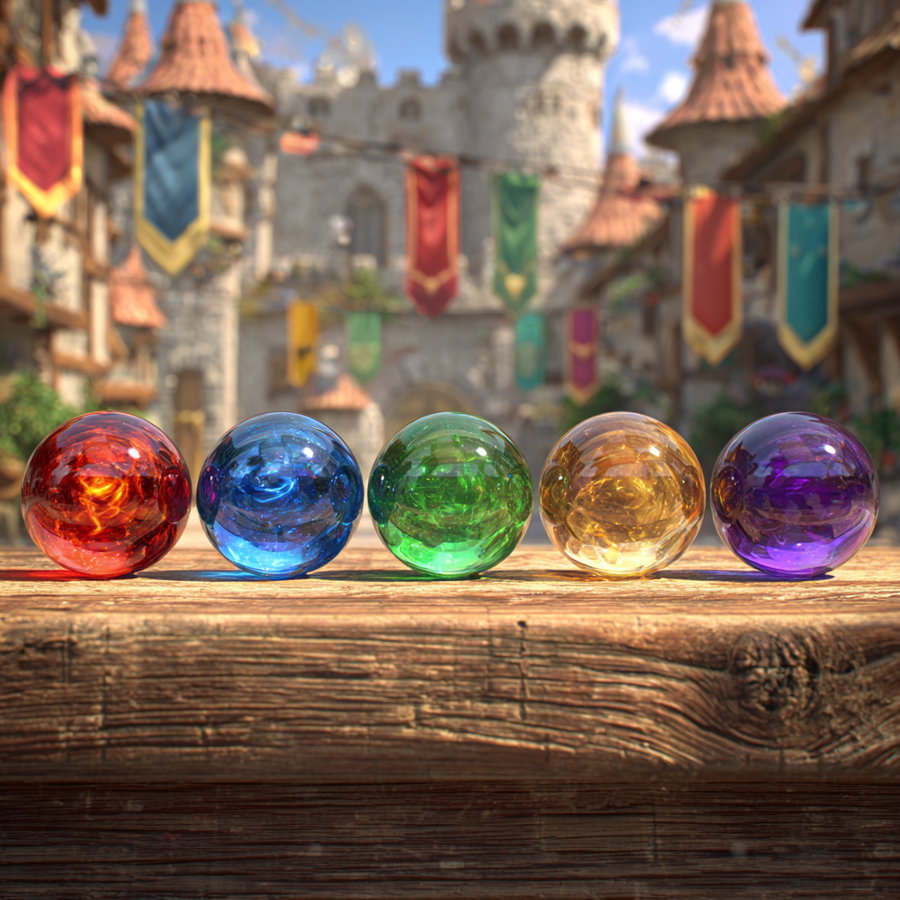 Five translucent magical orbs in red, blue, green, yellow, and purple colors arranged on a wooden surface with a blurred medieval town background featuring stone buildings and hanging banners.