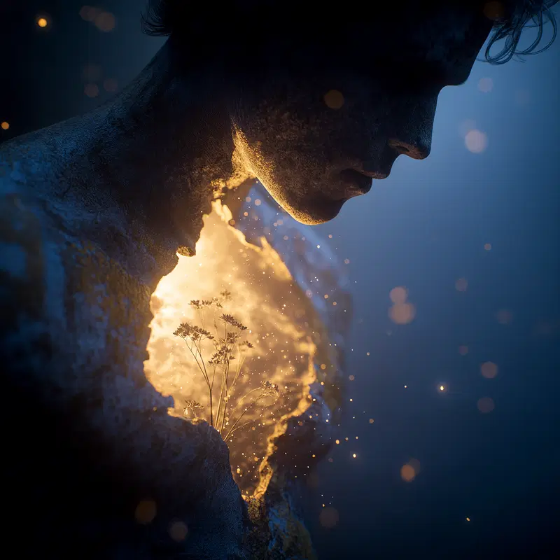 Surreal fantasy character with glowing chest and delicate flowers inside