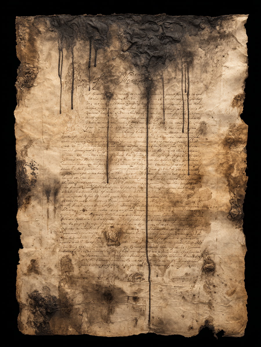 Old, stained paper with burnt and tattered edges featuring faded handwritten text and ink streaks
