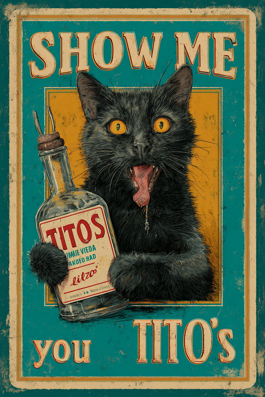 An illustrated black cat with orange eyes holding a Tito's bottle, with the text Show Me You Tito's on a distressed teal and orange background