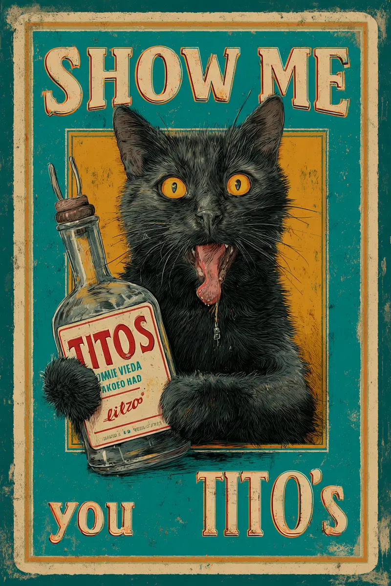 Vintage style illustration of a black cat holding a Tito's bottle with text