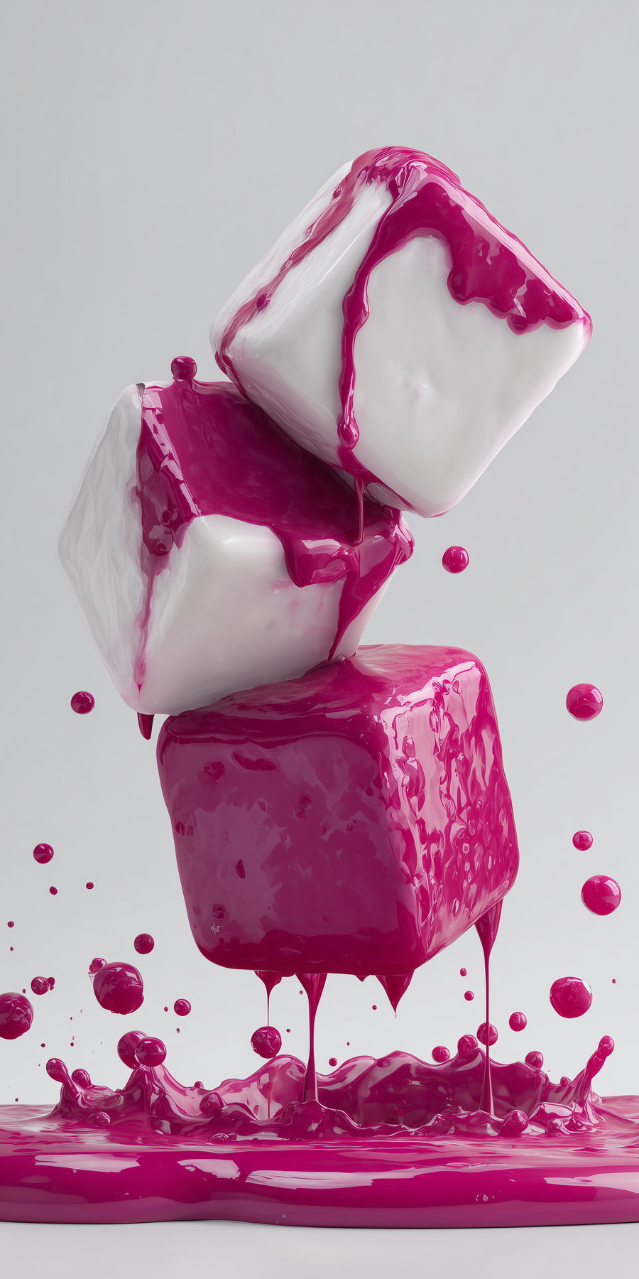 Three cubes stacked with magenta paint dripping and splashing around on a plain light gray background
