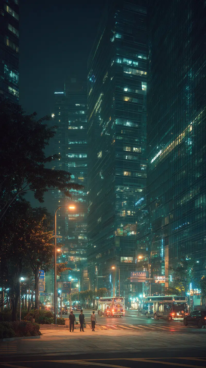 Nighttime city street with illuminated modern skyscrapers and pedestrians