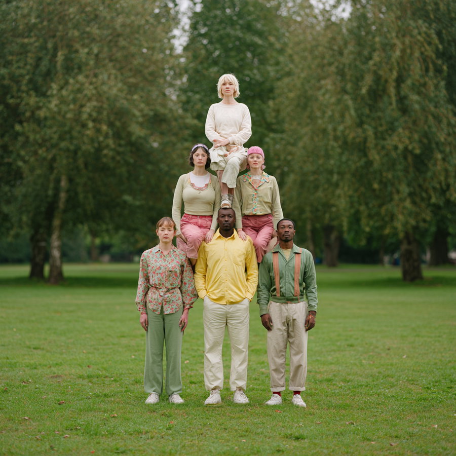 Seven individuals arranged in a three-level human pyramid formation in a grassy park area with tall trees in the background, wearing colorful casual clothing