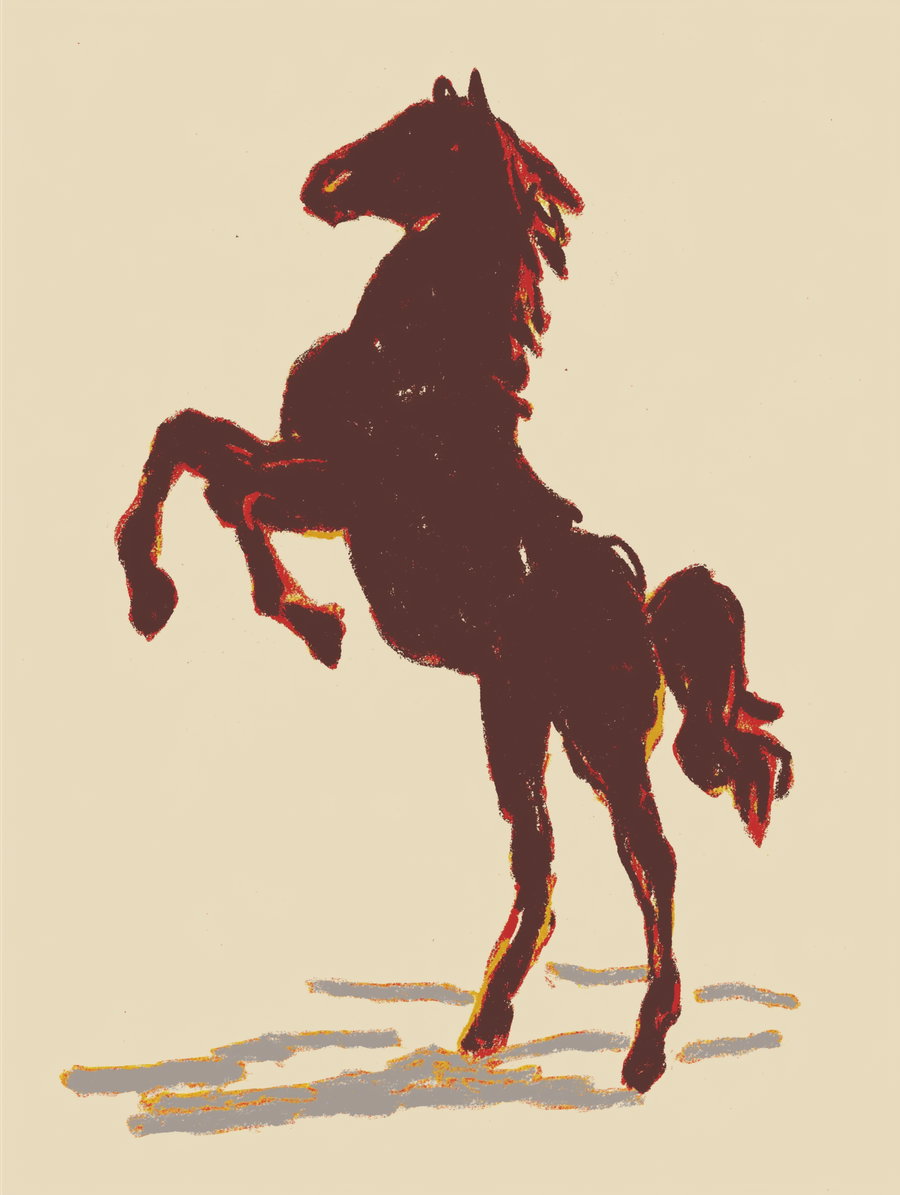 A drawing of a dark brown horse standing on its hind legs, with visible shadows on the ground, set against a plain light beige background.