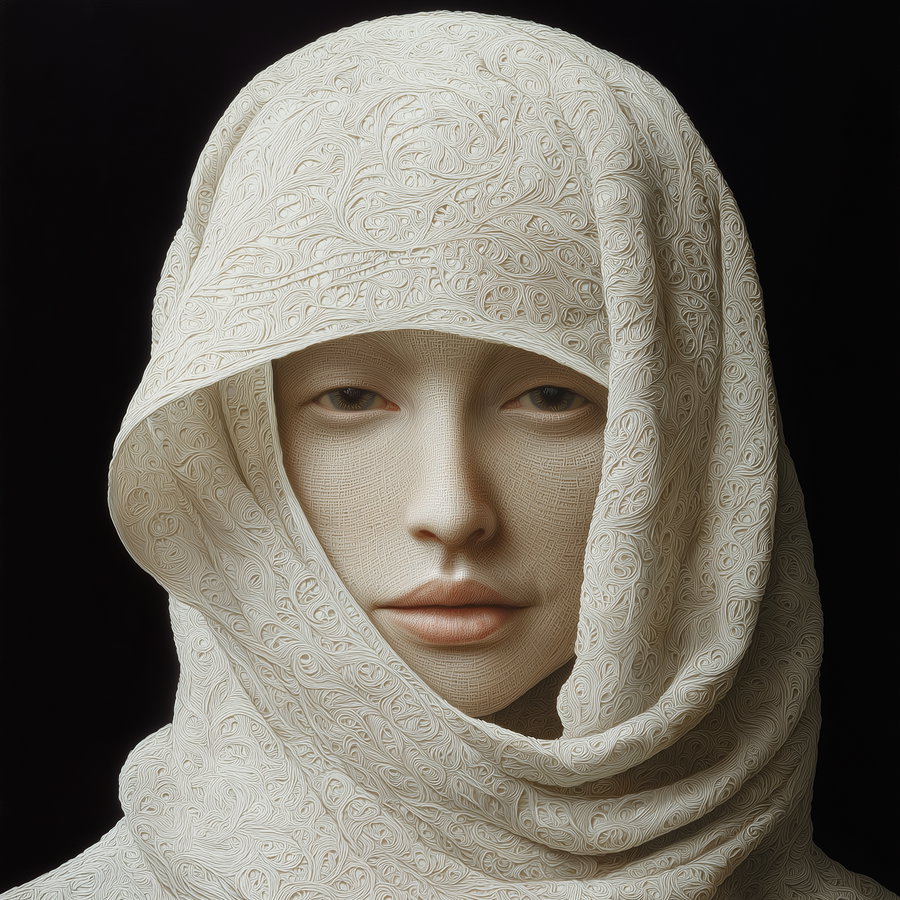 Close-up portrait of a woman with soft facial features wrapped in an intricately patterned white headscarf against a dark background