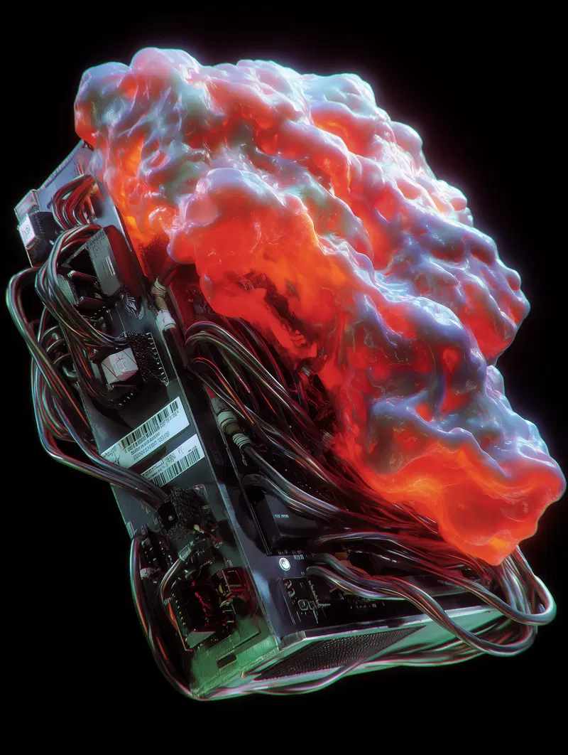 3d render of a computer motherboard entangled with glowing molten-like material