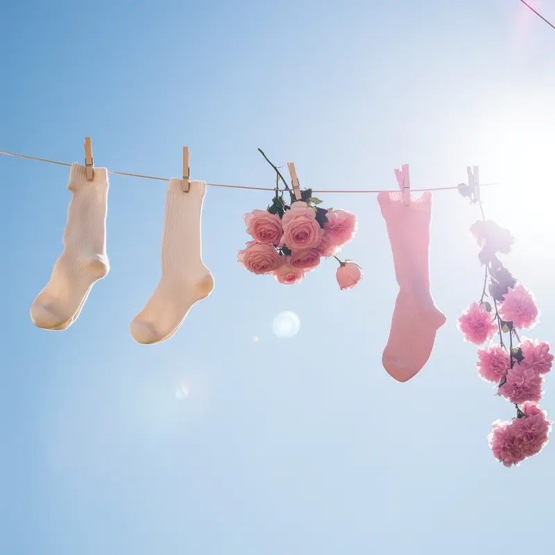 Delicate pink roses and pastel socks hanging on a clothesline against a clear blue sky