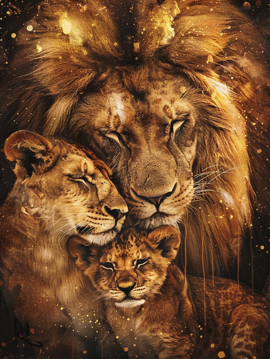 Digital painting showing a close-up of a lion family including a lion, lioness, and cub in warm golden tones with light sparkles and particles around them