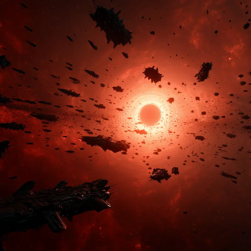 Massive fleet of futuristic spacecraft approaching a glowing red space anomaly