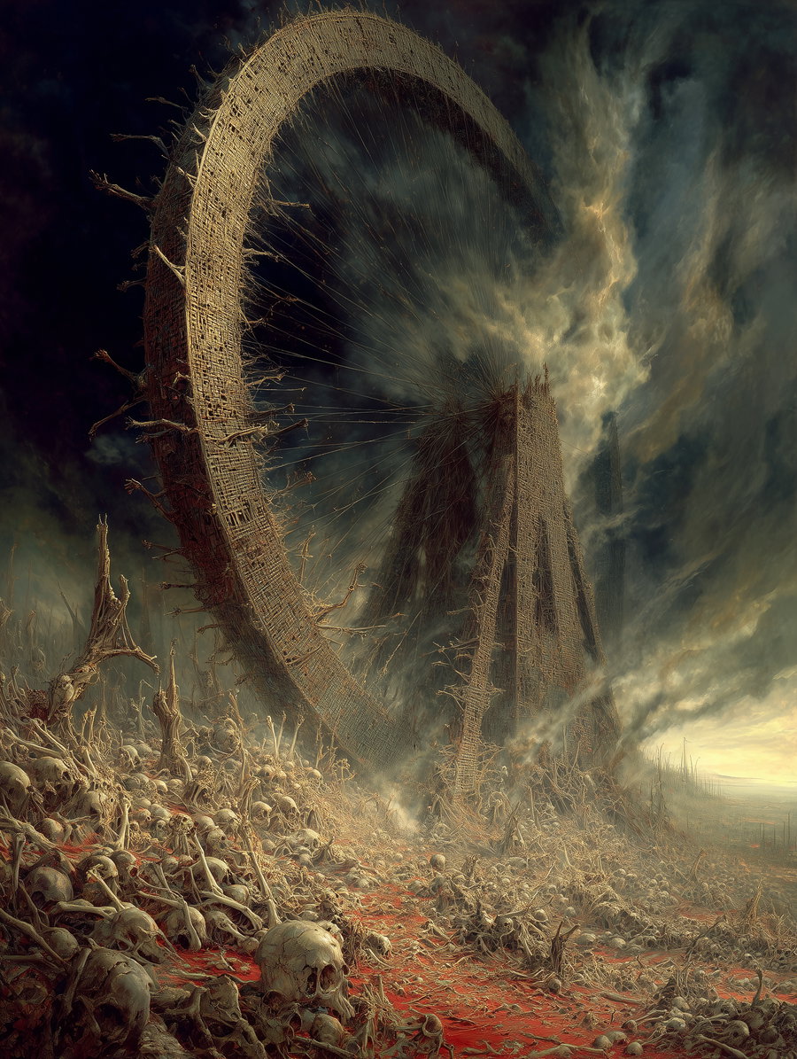 A dark and eerie fantasy landscape featuring a gigantic skeletal wheel structure surrounded by numerous scattered skulls and bones on a blood-red ground, under a stormy sky with dramatic clouds.