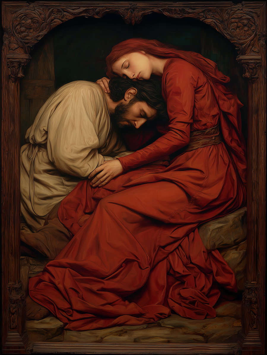 A painting showing a woman in a flowing red dress comforting a man in beige, both seated and leaning their heads together inside an intricately carved wooden frame.