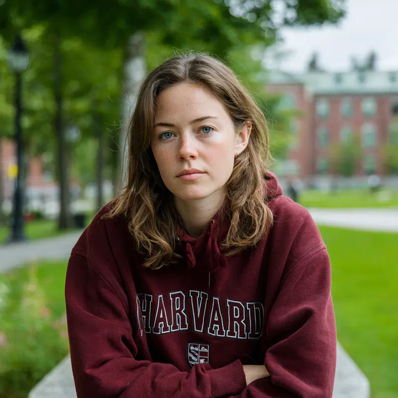 Calm young woman sitting outdoors wearing a burgundy Harvard hoodie