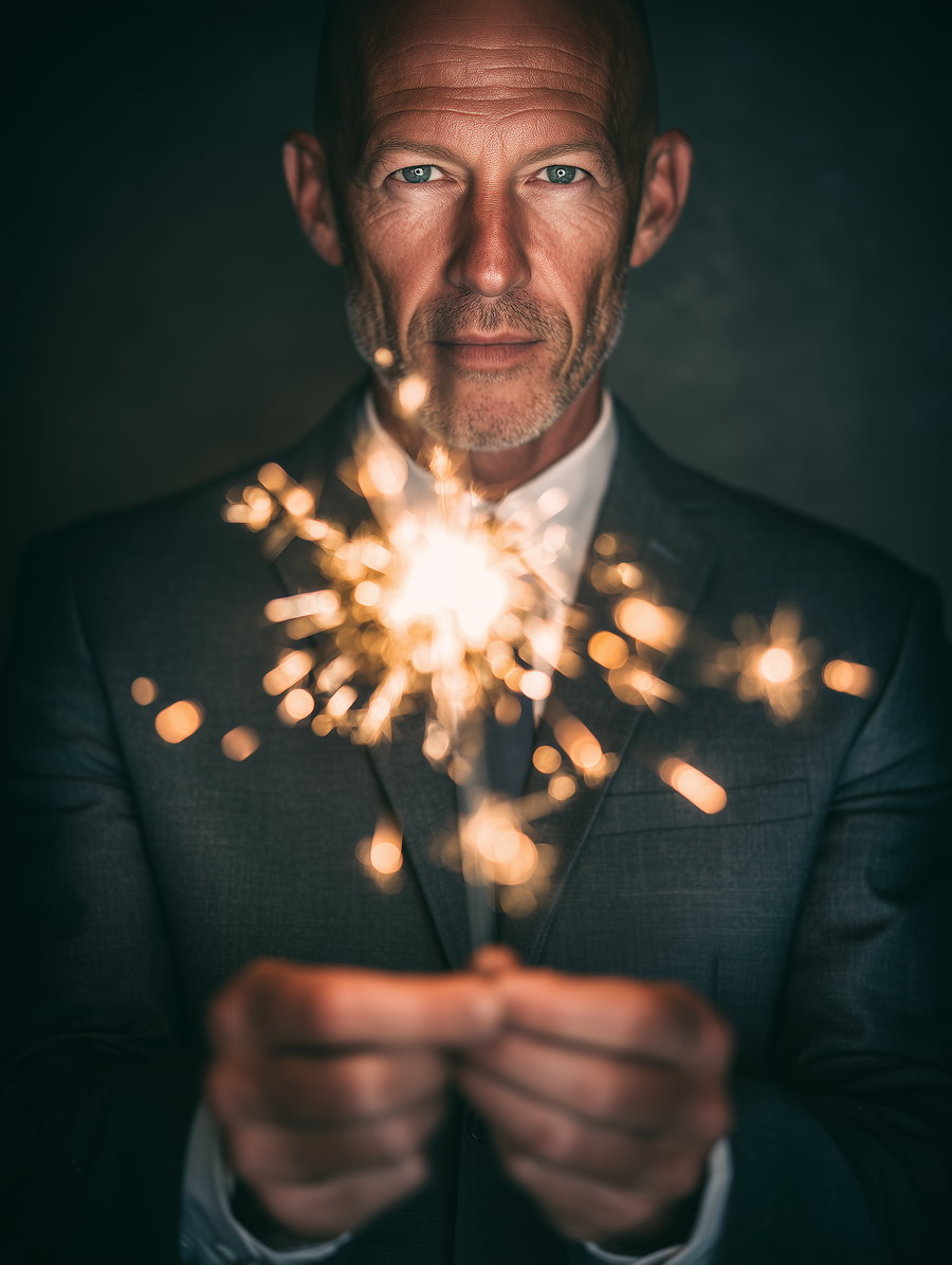 A middle-aged man in a dark suit holding lit sparklers with sparks glowing brightly, against a dark background.