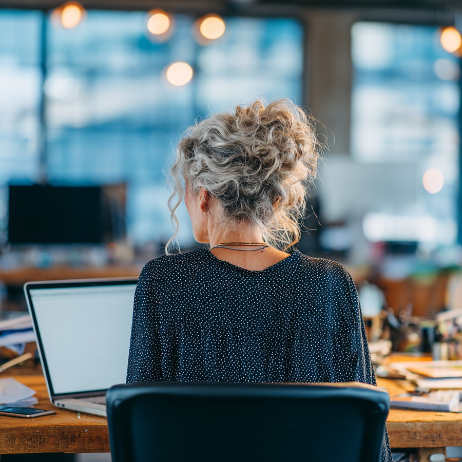 Rear view of a woman with curly hair in a bun sitting on a chair at a desk with a laptop in a bright office environment