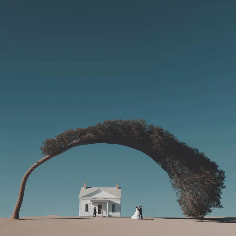Surreal fantasy scene with a white house and a large curved tree over it