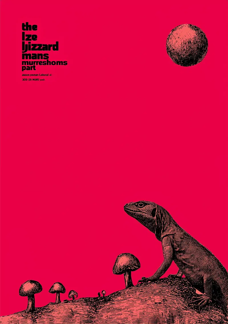 Illustration of a lizard on a hill with mushrooms under a red sky and a sphere