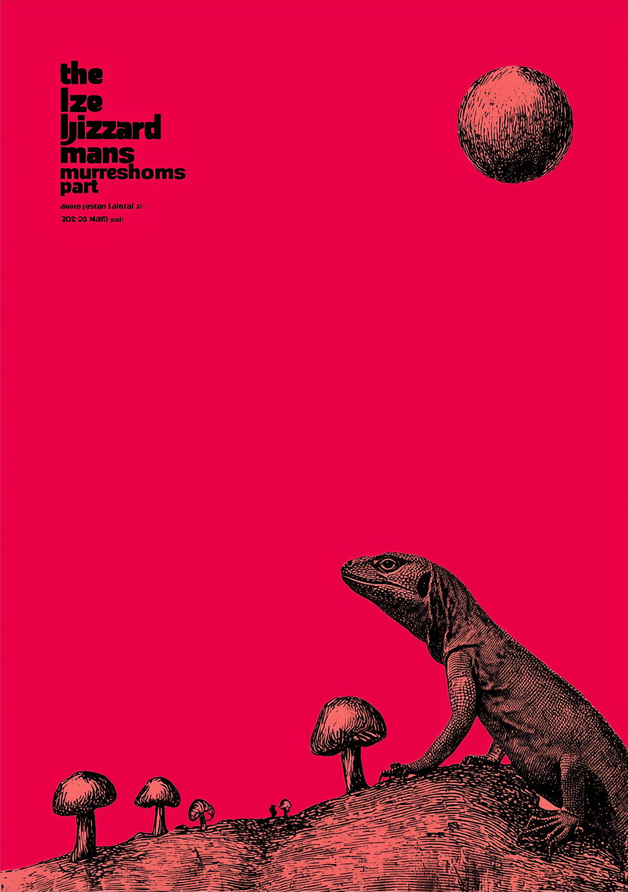 Black detailed illustration of a lizard standing on a hill with mushrooms, set against a bright red background with a textured sphere floating above.
